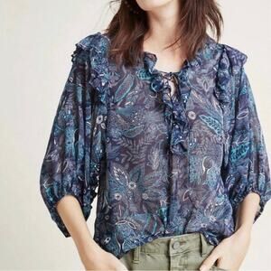 Anthropologie Paisley Ruffle Sheer Tie Front Blouse Large